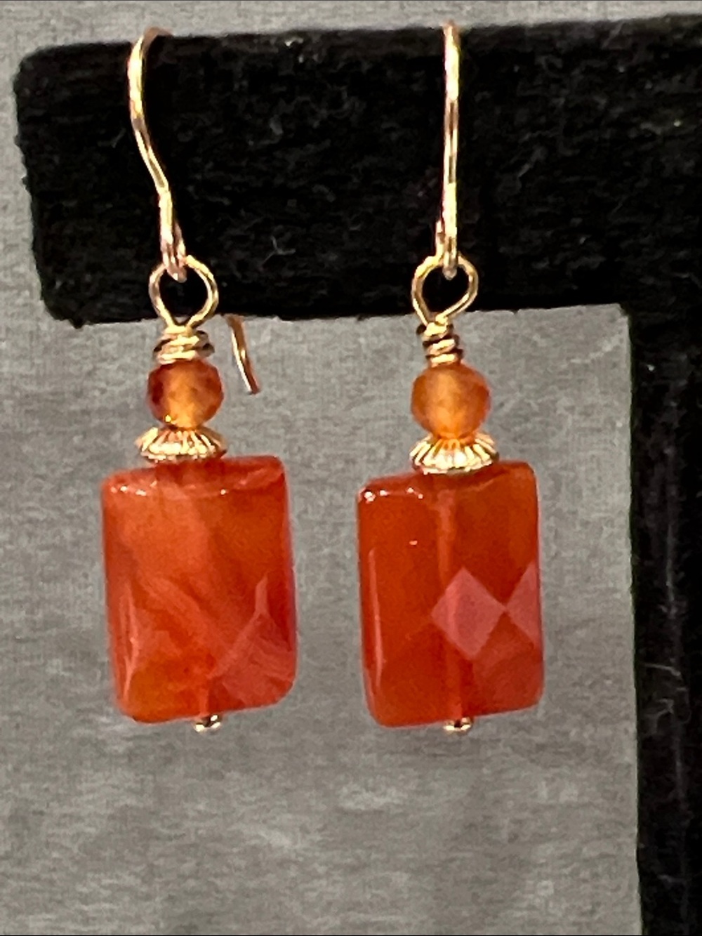 Carnelian faceted gemstone dangle earrings, hypoallergenic gold filled ear wires